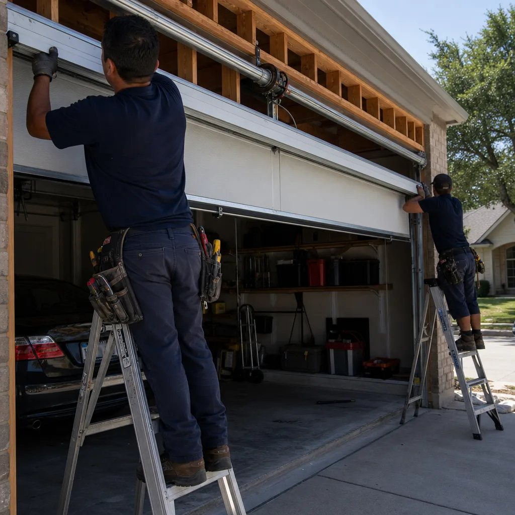 Two professional technicians installing a new residential garage door on ladders