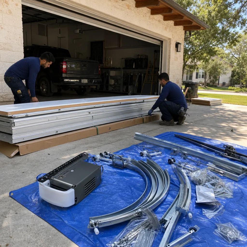 Two professional technicians installing a new garage door panel and hardware