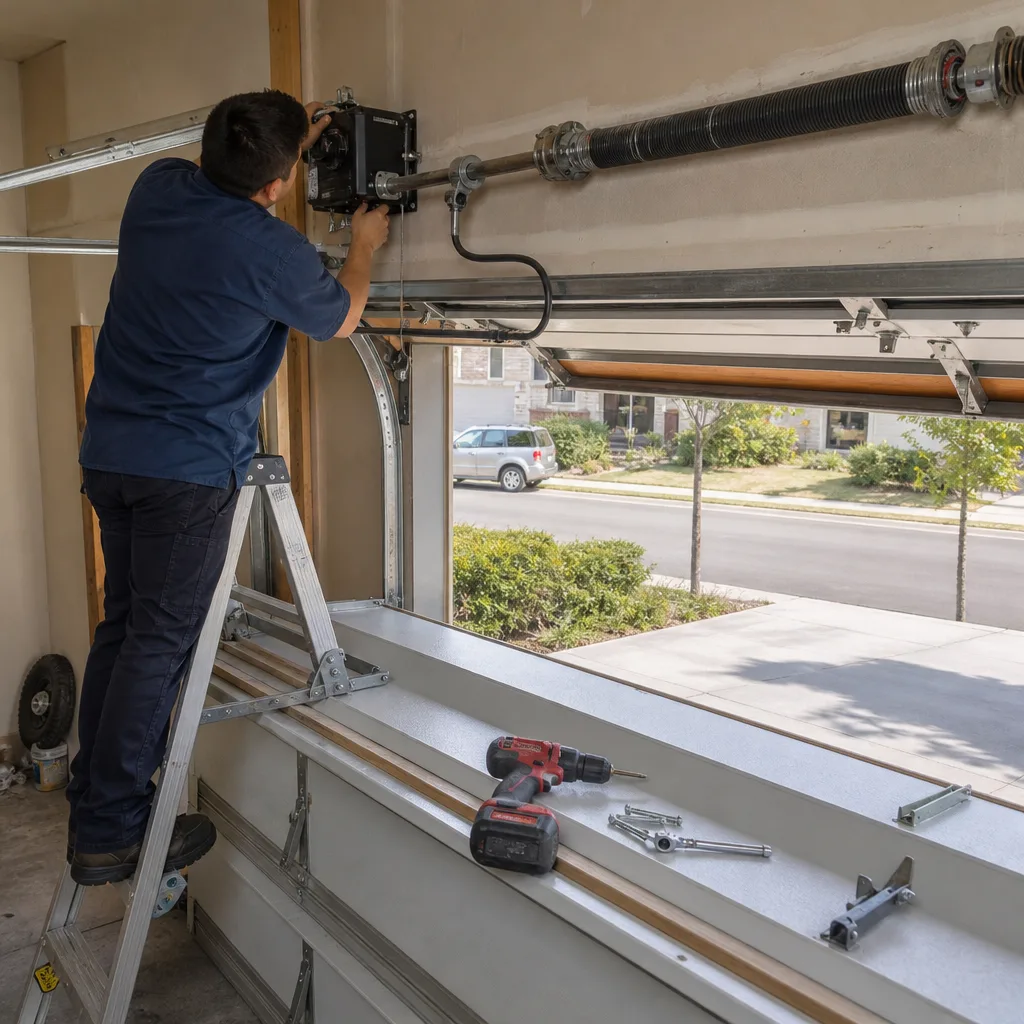 Technician performing professional garage door opener repair in Austin, TX