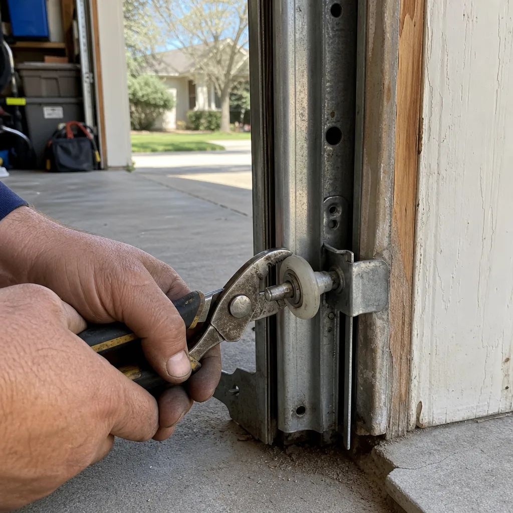 Technician repairing a garage door roller on the metal track