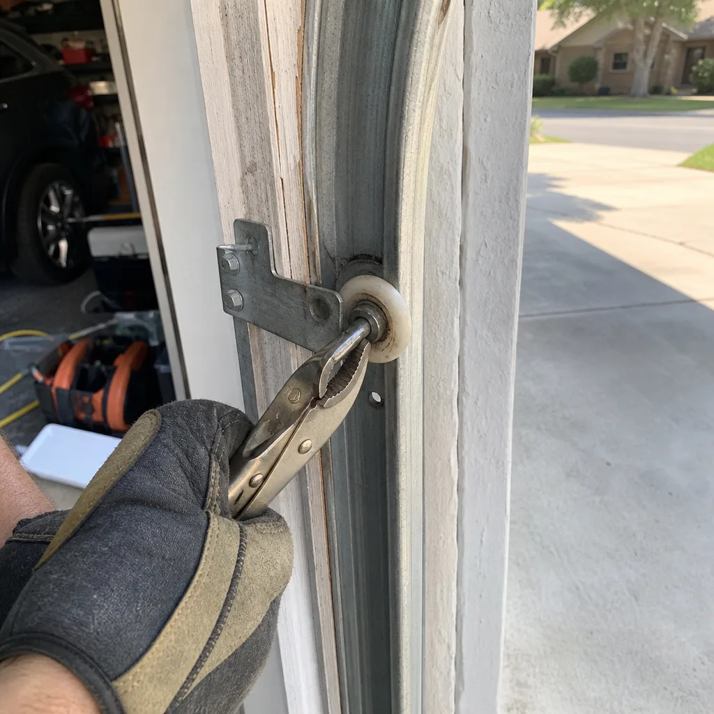 Technician using pliers for professional garage door roller repair and maintenance