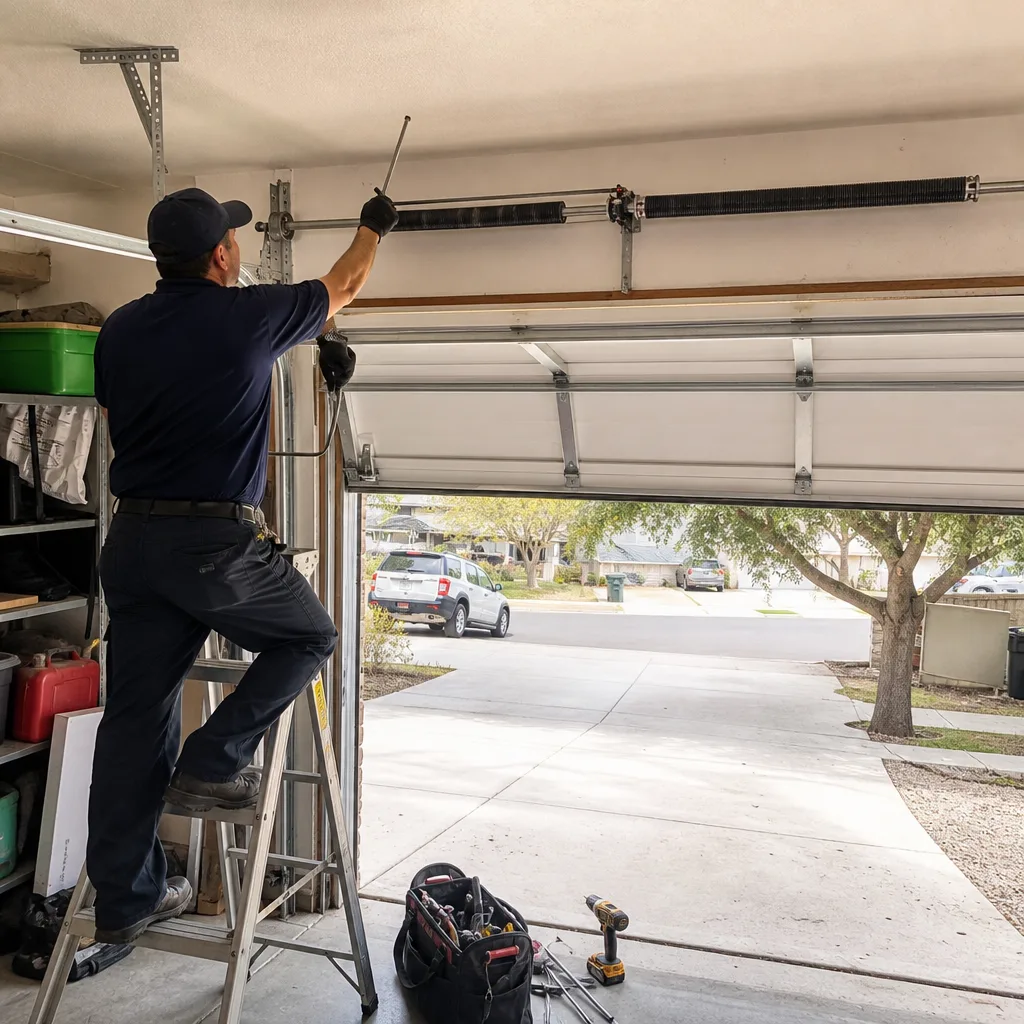 Technician performing professional garage door spring repair and maintenance
